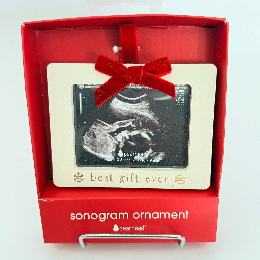 Pearhead Sonogram Ornament "Best Gift Ever" Red Bow Baby Announcement Holiday